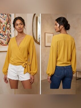 Madewell Raelynn Long Sleeve Gold Yellow Wrap Top Blouse with Side Tie Size XS